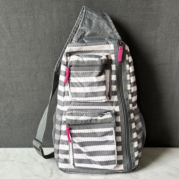 Thirty-One Sling Backpack Gray White Chevron Stripe Crossbody Bag Pink Accents - Picture 1 of 7